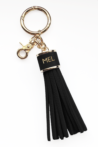 The Mel Boteri Pebbled-Leather Tassel Charm | Black Leather With Gold Hardware | Mel Boteri Gift Ideas