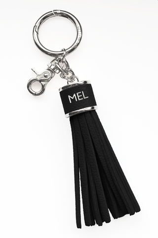 The Mel Boteri Pebbled-Leather Tassel Charm | Black Leather With Silver Hardware | Mel Boteri Gift Ideas