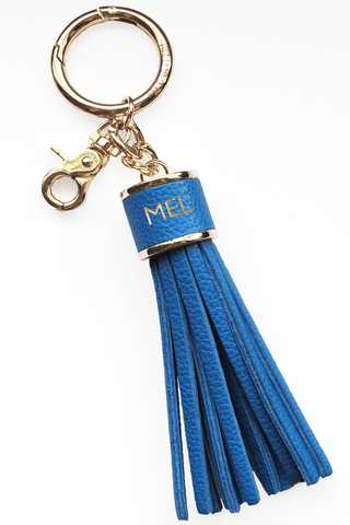 The Mel Boteri Pebbled-Leather Tassel Charm | Capri Blue Leather With Gold Hardware | Mel Boteri Gift Ideas