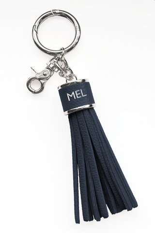 The Mel Boteri Pebbled-Leather Tassel Charm | Denim Blue Leather With Silver Hardware | Mel Boteri Gift Ideas