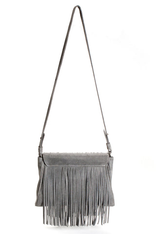 Mel Boteri Grey Suede Leather 'Taylea' Fringe Leather Bag | Back View