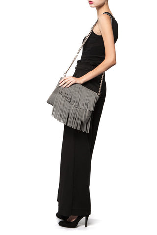 Mel Boteri Grey Suede Leather 'Taylea' Fringe Leather Bag | Chain Strap