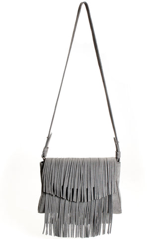Mel Boteri Grey Suede Leather 'Taylea' Fringe Leather Bag | Front View