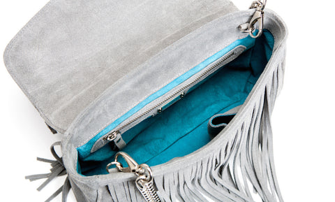 Mel Boteri Grey Suede Leather 'Taylea' Fringe Leather Bag | Interior View