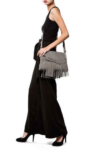 Mel Boteri Grey Suede Leather 'Taylea' Fringe Leather Bag | Model View | Leather Adjustable Strap
