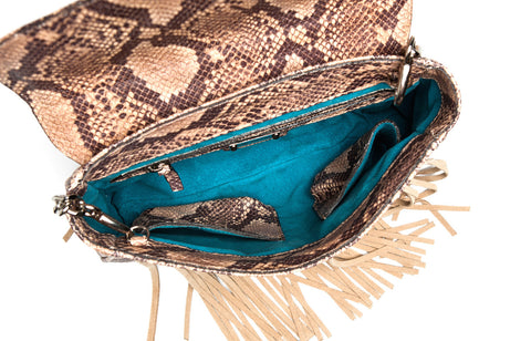 'The Fashion Sight' Python + Suede Fringe Leather Handbag | Turquoise Interior | Mel Boteri