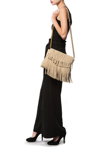 The 'Sequins & Stripes' Beige Suede Fringe Handbag | Modeled | Mel Boteri