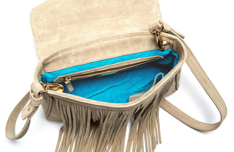 The 'June Moss' Beige Suede Fringe Handbag | Turquoise Interior | Mel Boteri