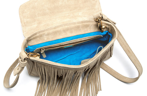 The 'Sequins & Stripes' Beige Suede Fringe Handbag | Turquoise Interior | Mel Boteri