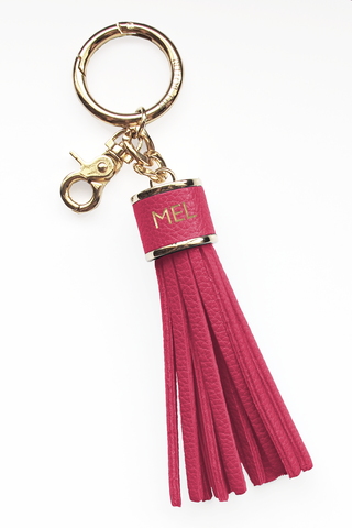 The Mel Boteri Pebbled-Leather Tassel Charm | Magenta Pink Leather With Gold Hardware | Mel Boteri Gift Ideas