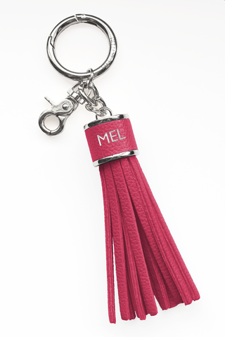 The Mel Boteri Pebbled-Leather Tassel Charm | Magenta Pink Leather With Silver Hardware | Mel Boteri Gift Ideas