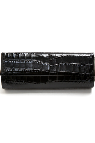 Mel Boteri | 'Audrey' Cocktail Clutch | Black, Croc-Effect Glazed Leather | Front