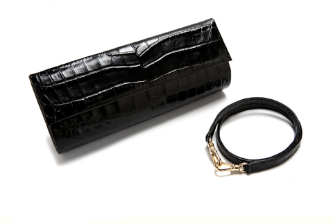 Mel Boteri | 'Audrey' Cocktail Clutch | Black, Croc-Effect Glazed Leather | Detail
