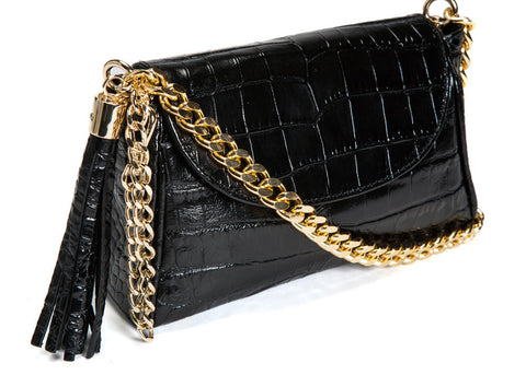 'Emmy' Glossy Black Croc-Embossed Convertible Clutch | Detail View| Mel Boteri Handbags