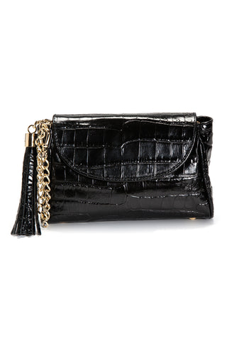 'Emmy' Glossy Black Croc-Embossed Convertible Clutch | Front View| Mel Boteri Handbags