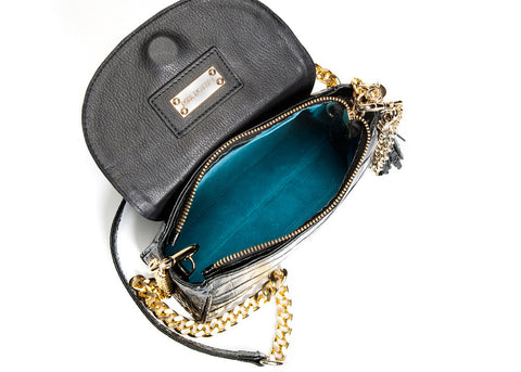 'Emmy' Glossy Black Croc-Embossed Convertible Clutch | Interior View| Mel Boteri Handbags