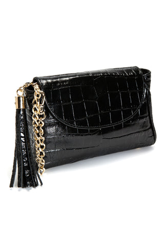 'Emmy' Glossy Black Croc-Embossed Convertible Clutch | Side View| Mel Boteri Handbags