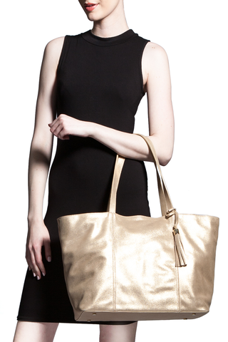 Mel Boteri | Kat Tote | Matte Gold Leather | Model