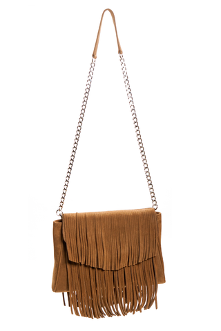 Mel Boteri | Tan Suede Leather 'Taylea' Fringed Handbag | Chain View