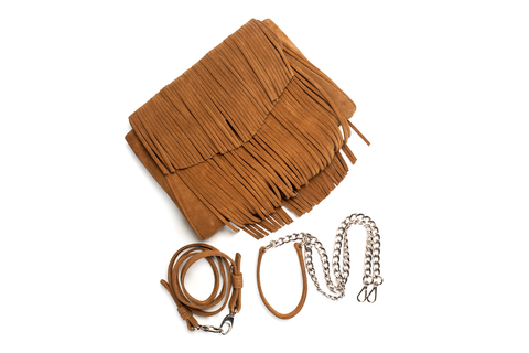 Mel Boteri | Tan Suede Leather 'Taylea' Fringed Handbag | Detail View