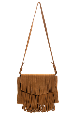 Mel Boteri | Tan Suede Leather 'Taylea' Fringed Handbag | Front View