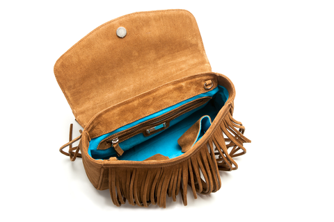 Mel Boteri | Tan Suede Leather 'Taylea' Fringed Handbag | Interior View