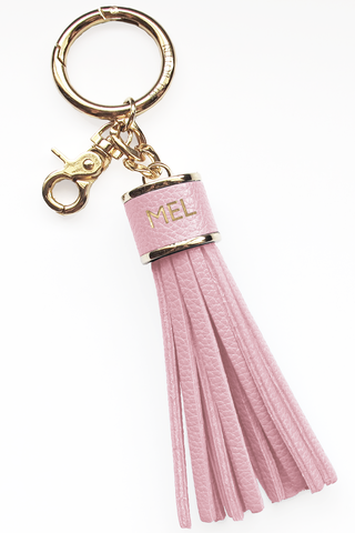 The Mel Boteri Pebbled-Leather Tassel Charm | Rose Quartz Leather With Gold Hardware | Mel Boteri Gift Ideas