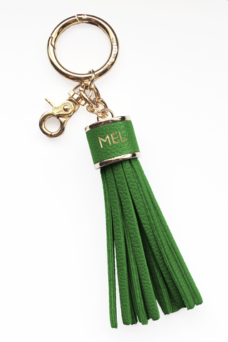 The Mel Boteri Pebbled-Leather Tassel Charm | Shamrock Green Leather With Gold Hardware | Mel Boteri Gift Ideas