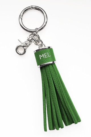 The Mel Boteri Pebbled-Leather Tassel Charm | Shamrock Green Leather With Silver Hardware | Mel Boteri Gift Ideas