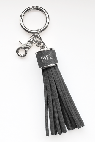 The Mel Boteri Pebbled-Leather Tassel Charm | Stone Leather With Silver Hardware | Mel Boteri Gift Ideas