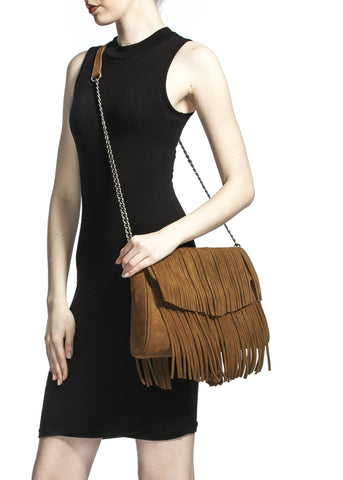 Mel Boteri | Tan Suede Leather 'Taylea' Fringed Handbag | Model